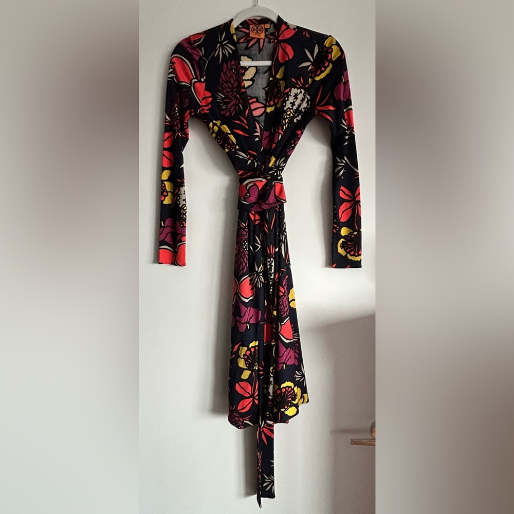 Tory Burch | Black Floral Silk Dress with Pink and Yellow Accents